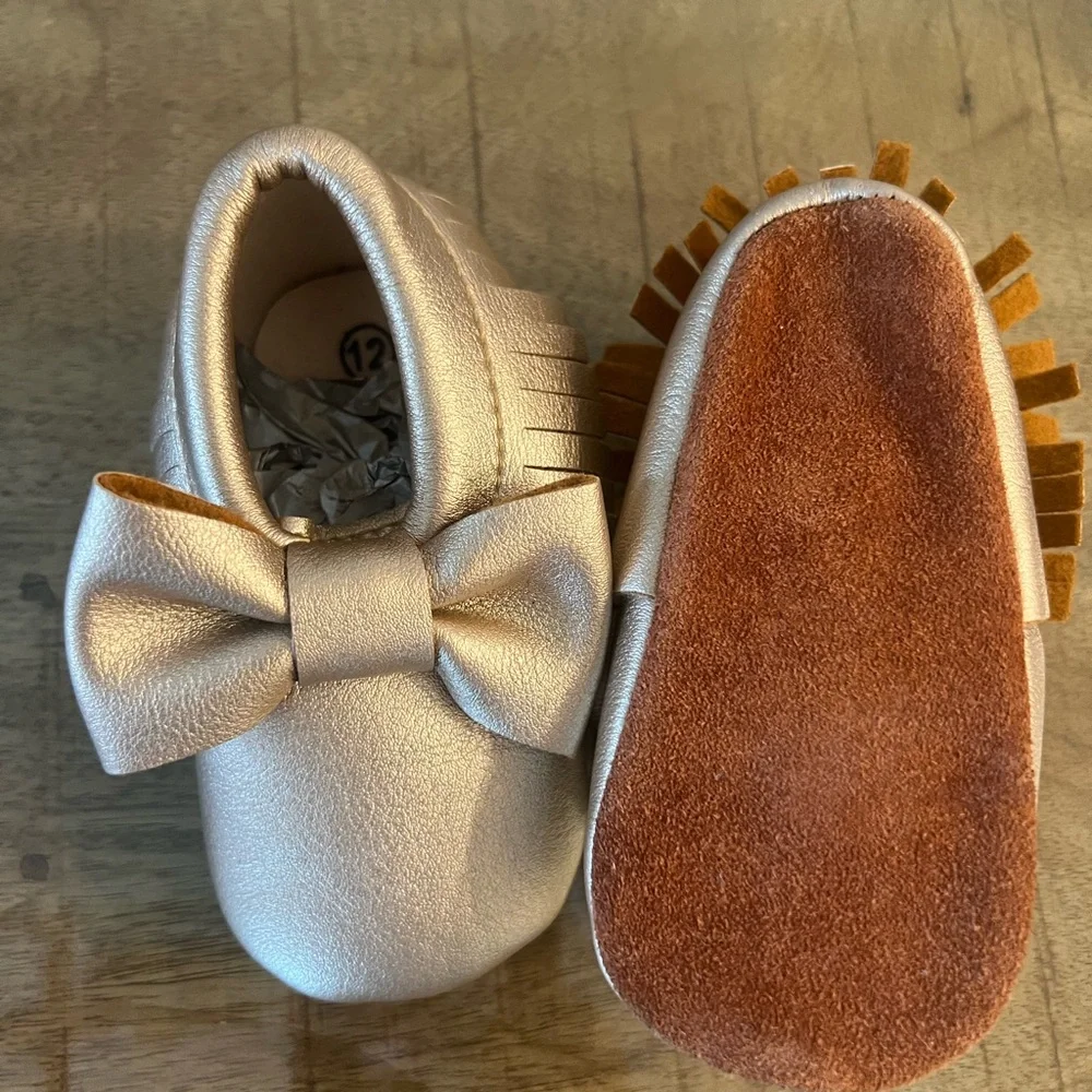 Elegant Gold Baby Moccasins with Bow shoes